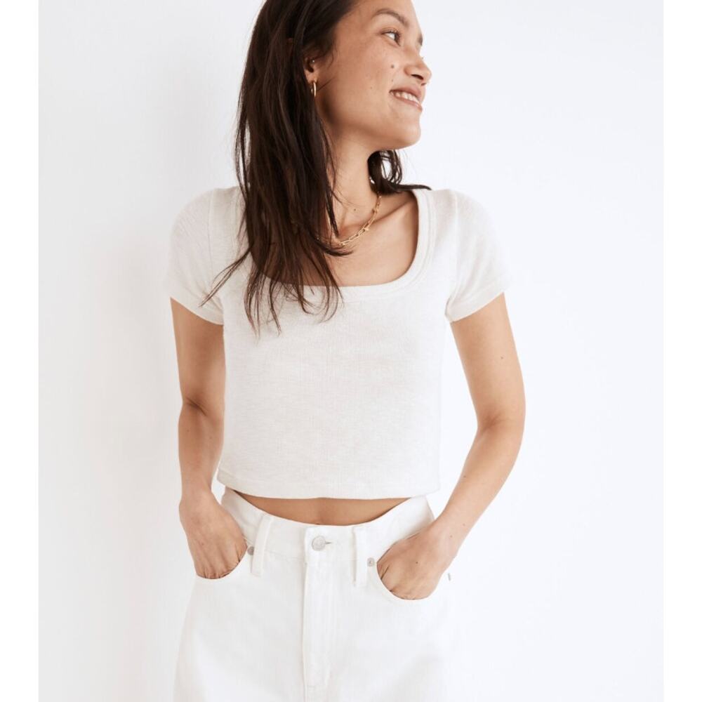 NWT Madewell White Textured Scoop Neck Cropped Tee Top Size Large Soft Stretch